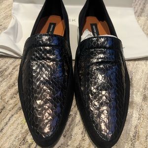 Derek Lam Black Navy Suede Python Snakeskin Loafers